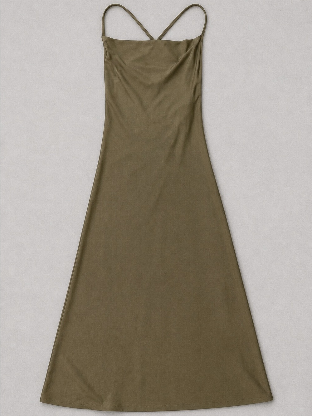 Olive Green Slip Midi Dress with Spaghetti Straps